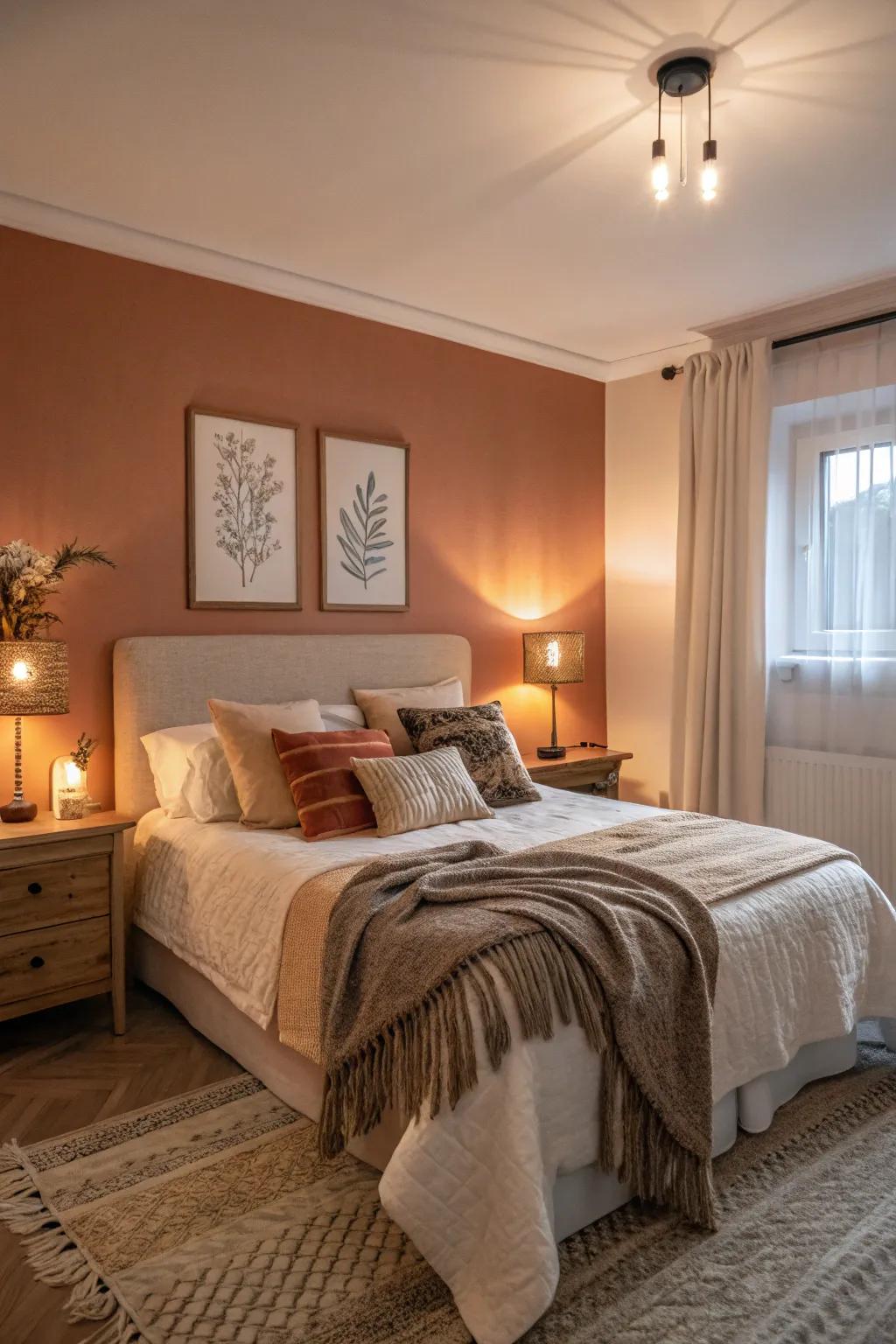 Warm tones on the accent wall make the bedroom feel inviting and cozy.