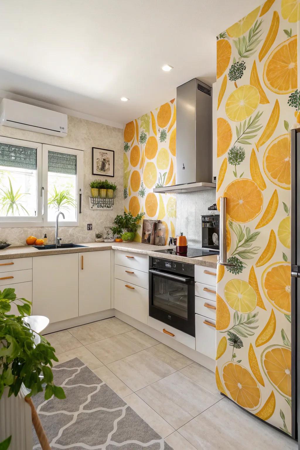 A bright accent wallpaper adds a splash of color to a modern kitchen.