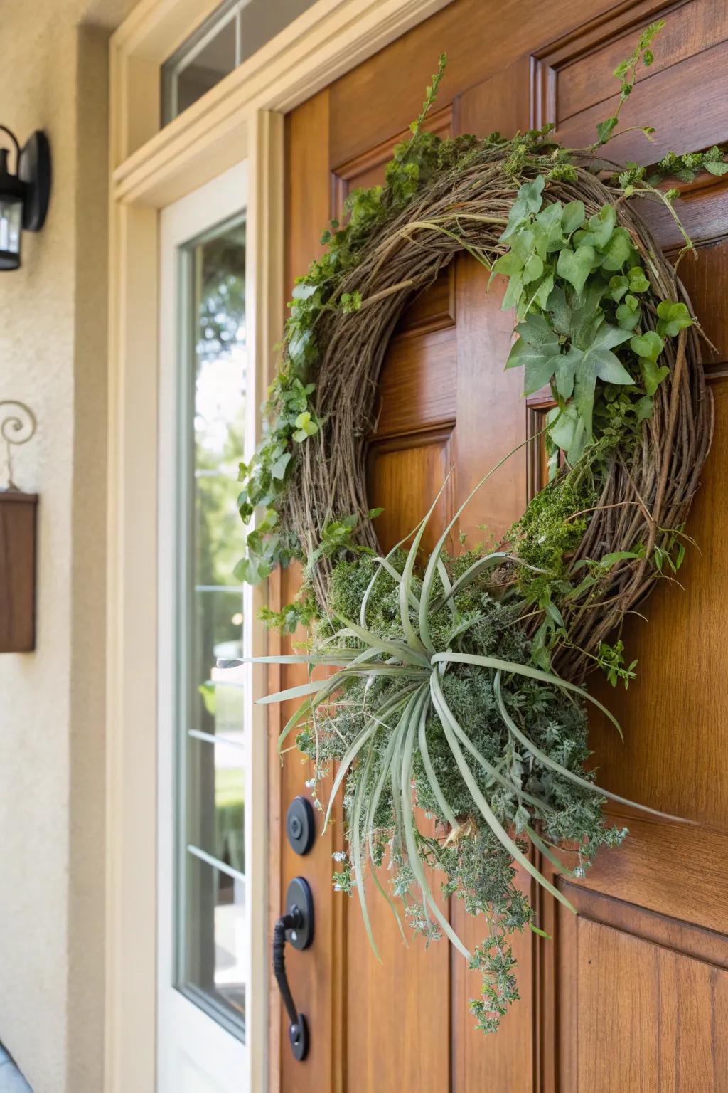 A welcoming air plant wreath embellishing an entrance.