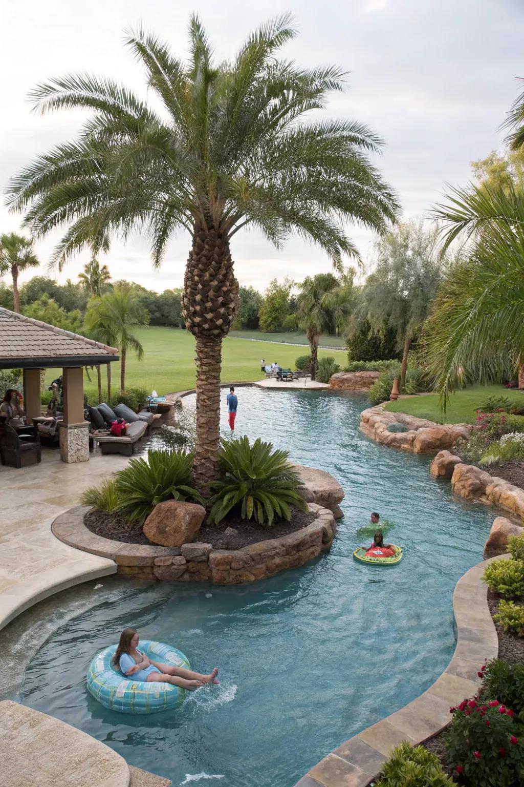 A tropical island oasis within a lazy river pool.