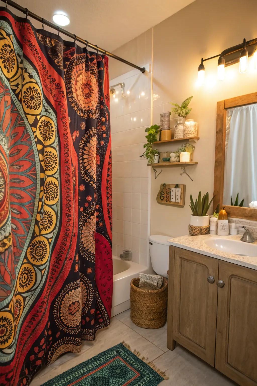 Bohemian curtains bring a lively and artistic touch to your bathroom.