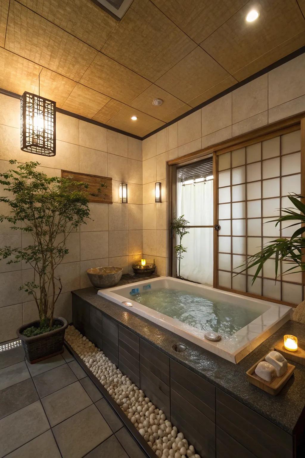 A tranquil bathroom featuring a deep, cultural Japanese soaking tub.