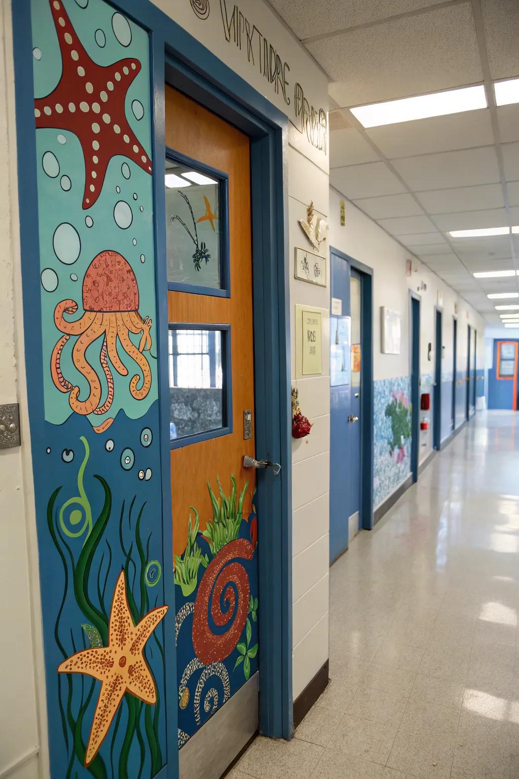 Sea creature safari on a classroom door with various ocean animals.