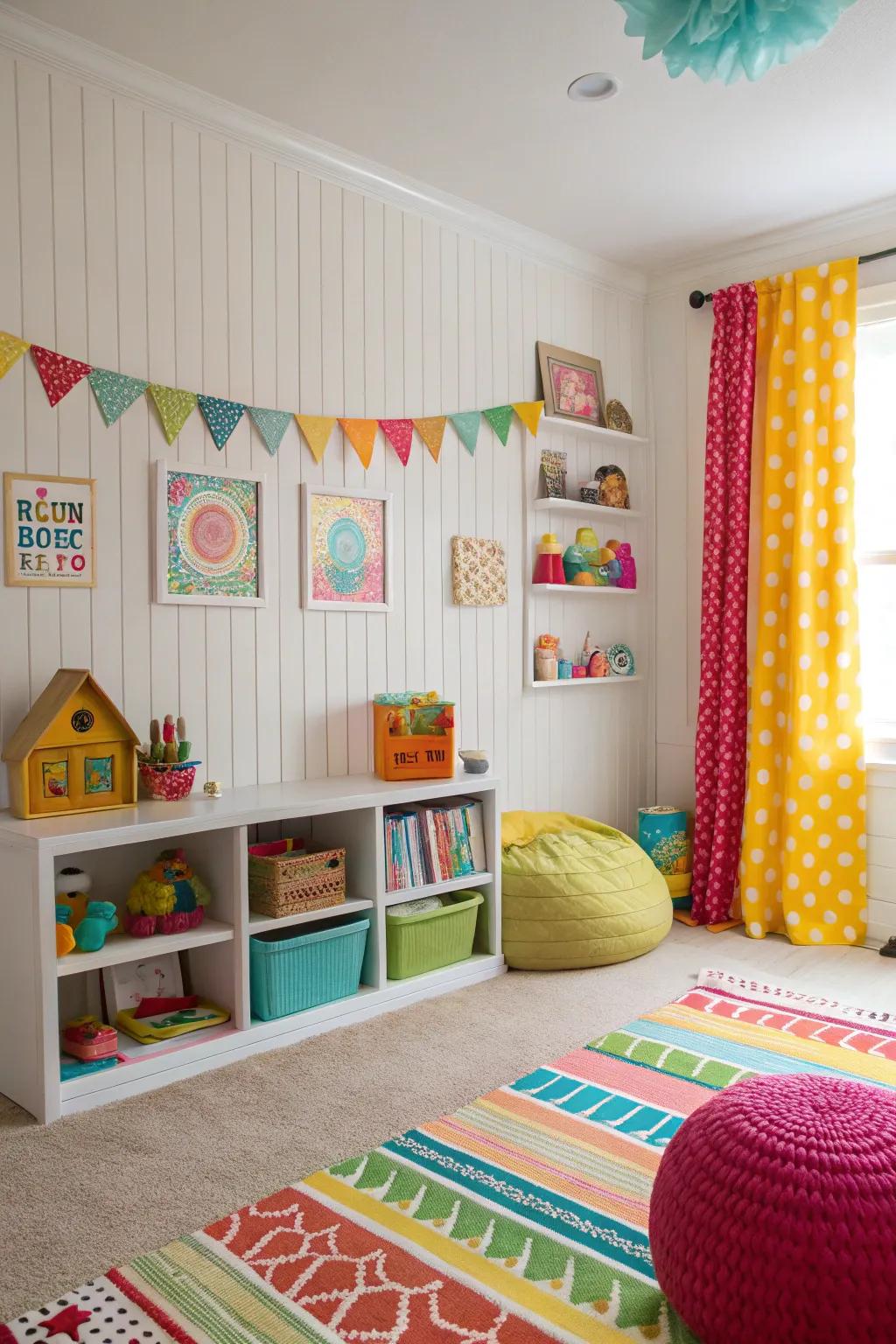 A creative kids' room with a beadboard feature wall.