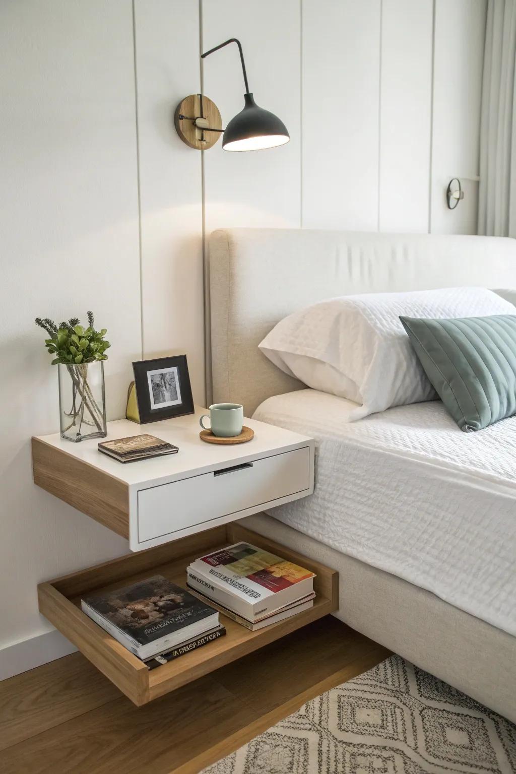 Floating shelves serve as a sleek alternative to traditional nightstands.