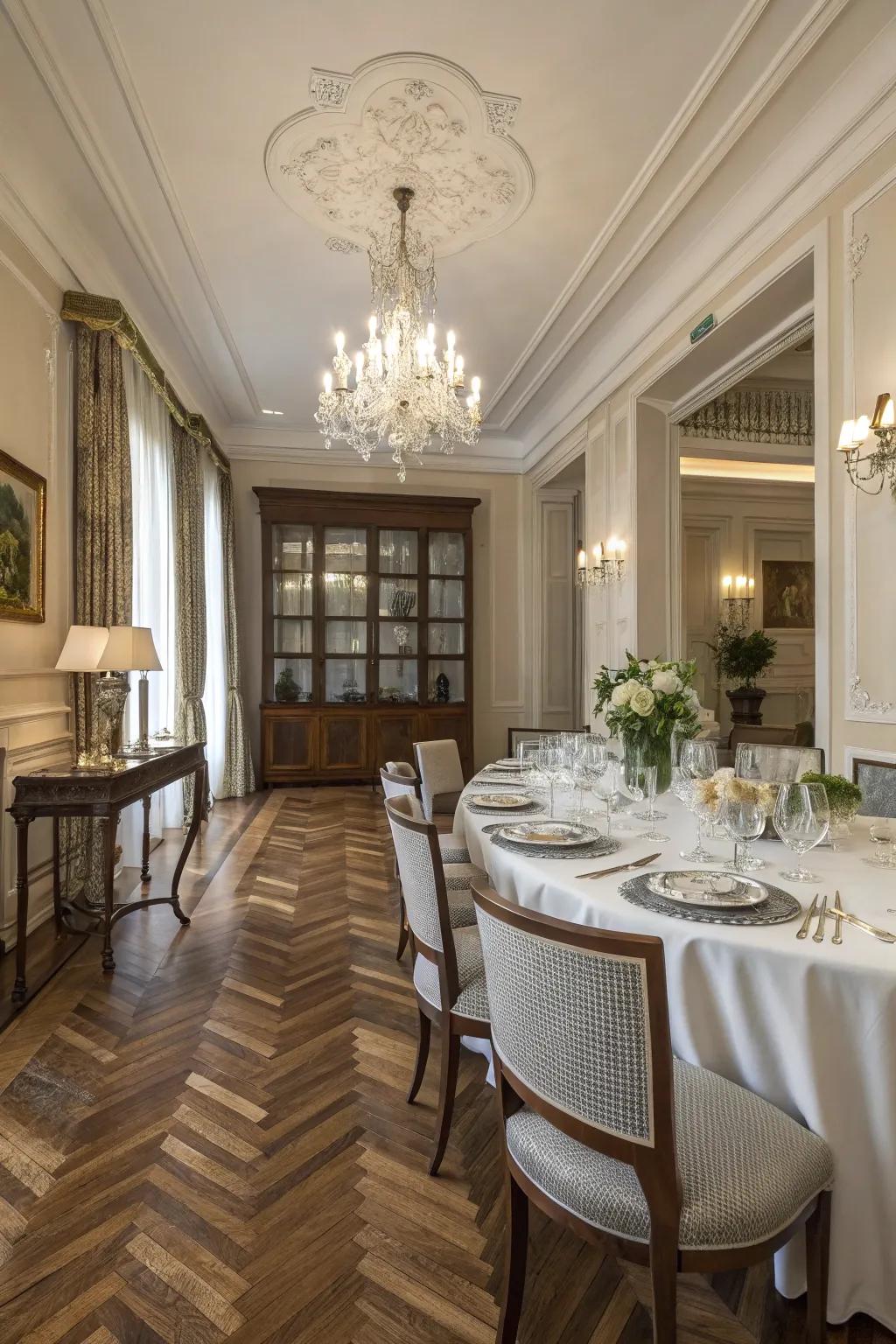 Diagonal wood flooring enhances style and class.