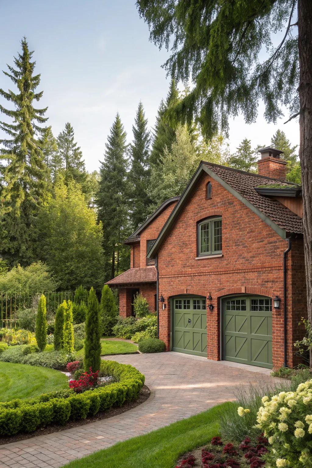 Olive garage doors add natural harmony to red brick houses.