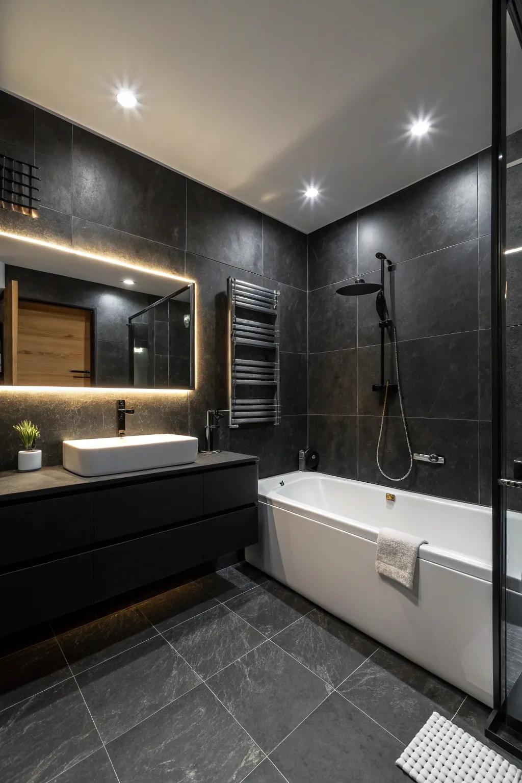 Strategic lighting enhances the drama of an all-black bathroom.