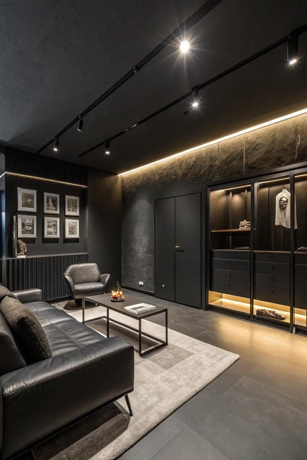 Functional and aesthetic elements balance a dark-toned room.