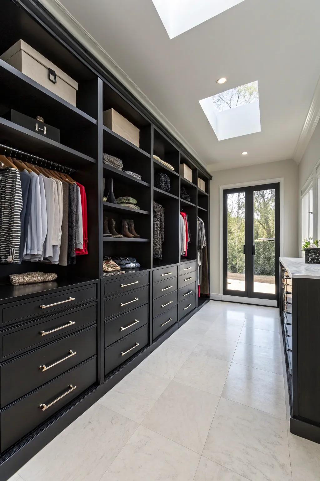 A spacious layout enhances the sense of luxury in the closet.