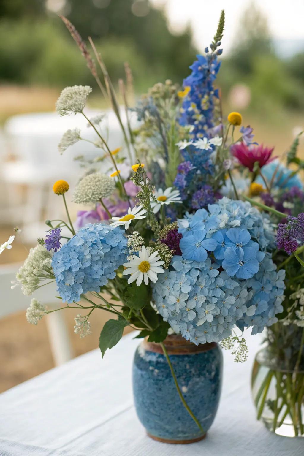 Azure hydrangeas blended with wildflowers deliver a bohemian fantasy centerpiece.