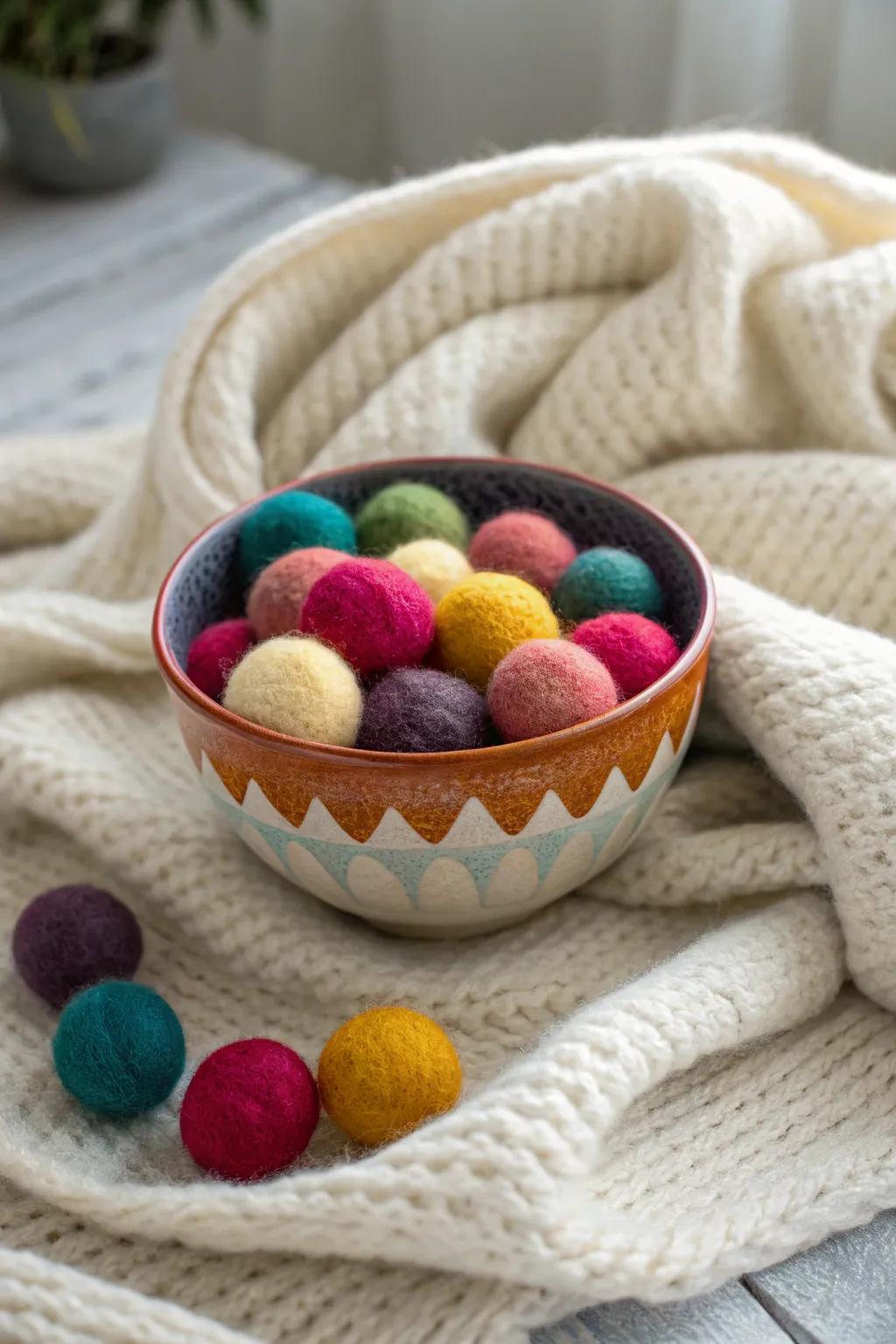 A cozy bowl filled with felted wool balls in various colors