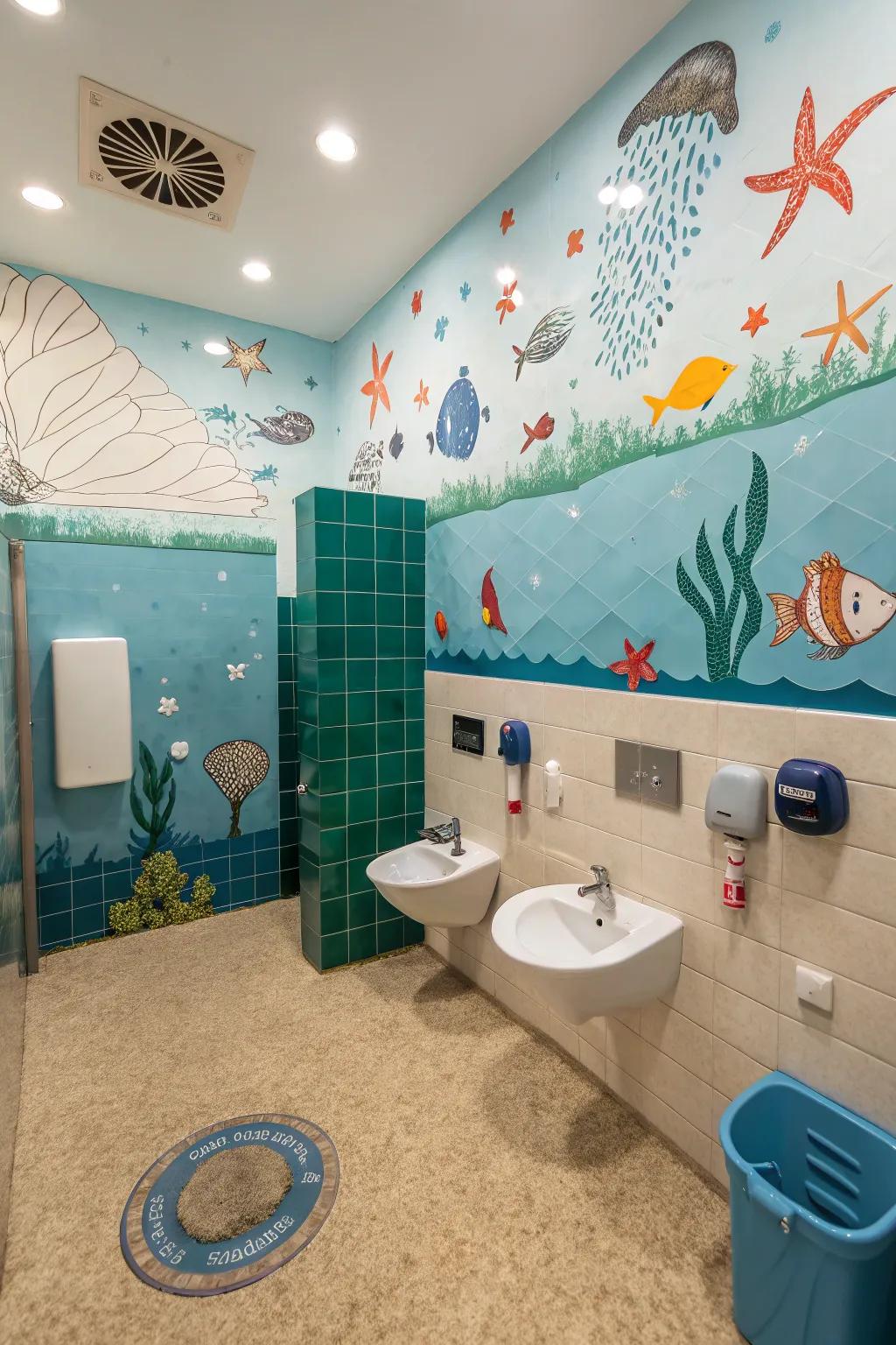 Underwater theme decor creates an adventurous atmosphere in a boys' bathroom.