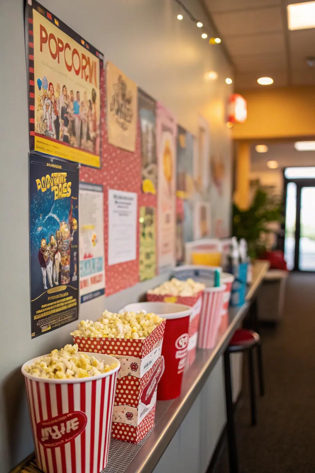 A mini concession stand adds a nostalgic touch with its popcorn theme.