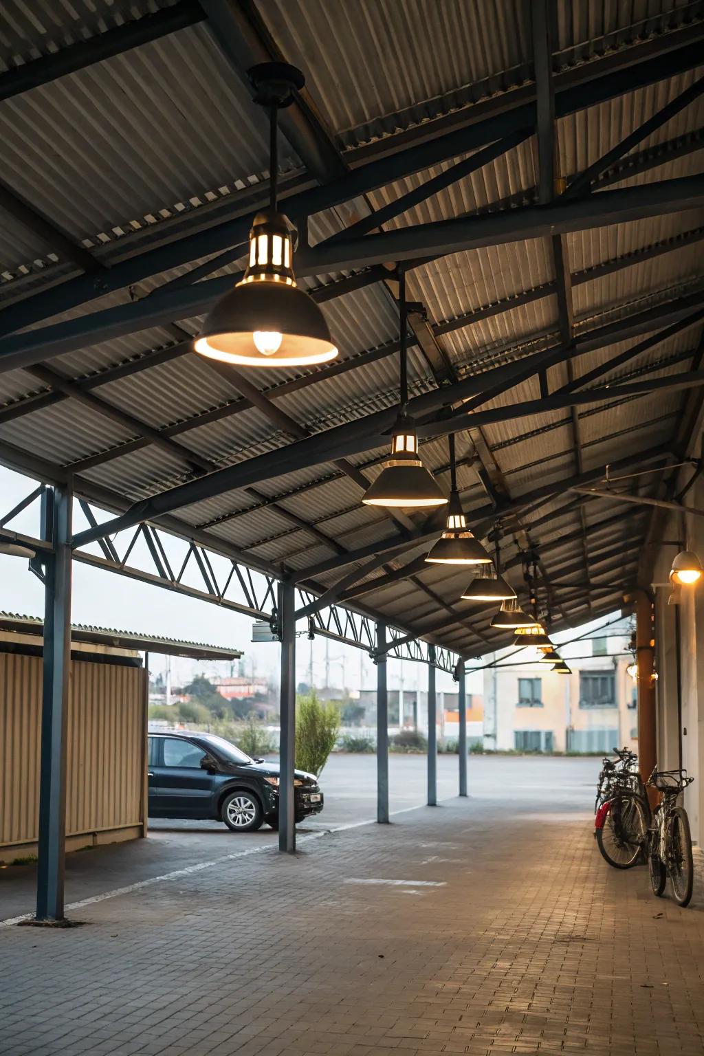 Metal fixtures bring an industrial chic to your carport.