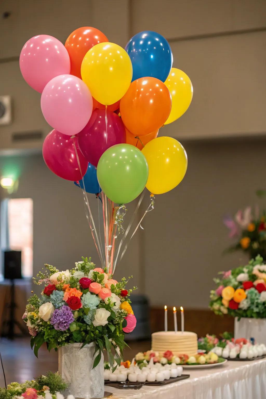 Balloon bouquets add height and color to the celebration.