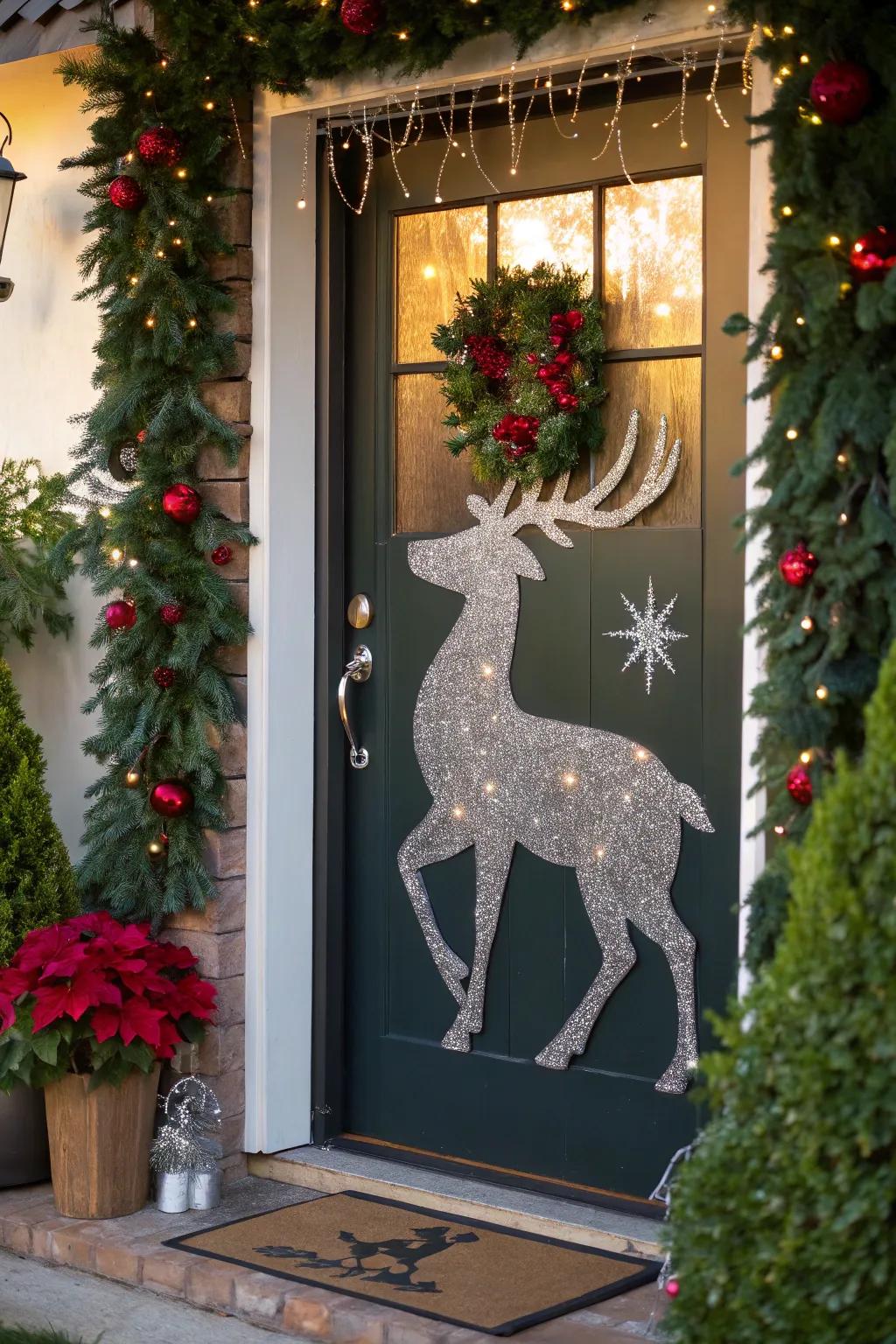 A glittering reindeer silhouette brings a touch of whimsy to this entrance.