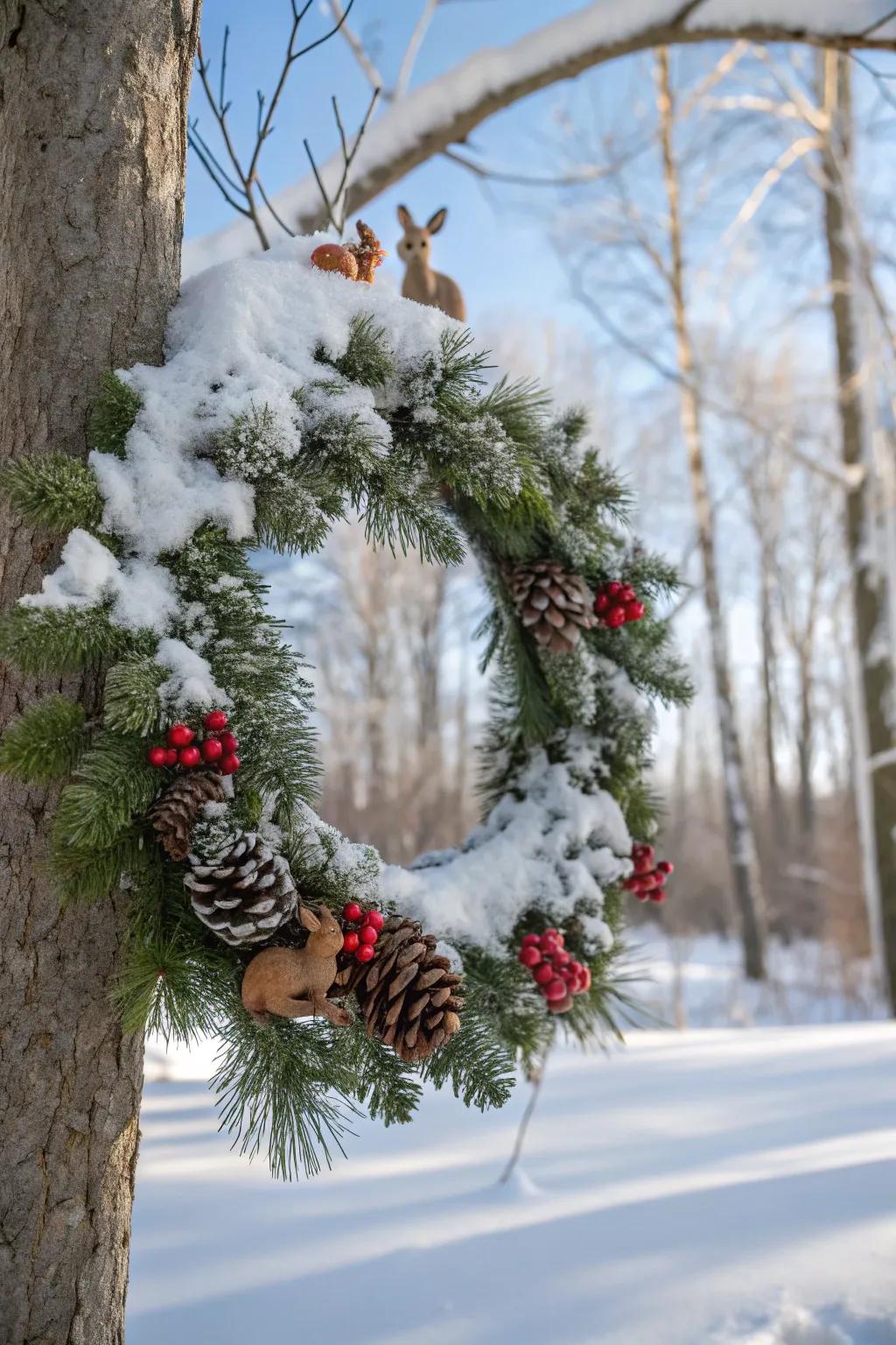 A snowy woodland garland with simulated snow and captivating woodland faunas.