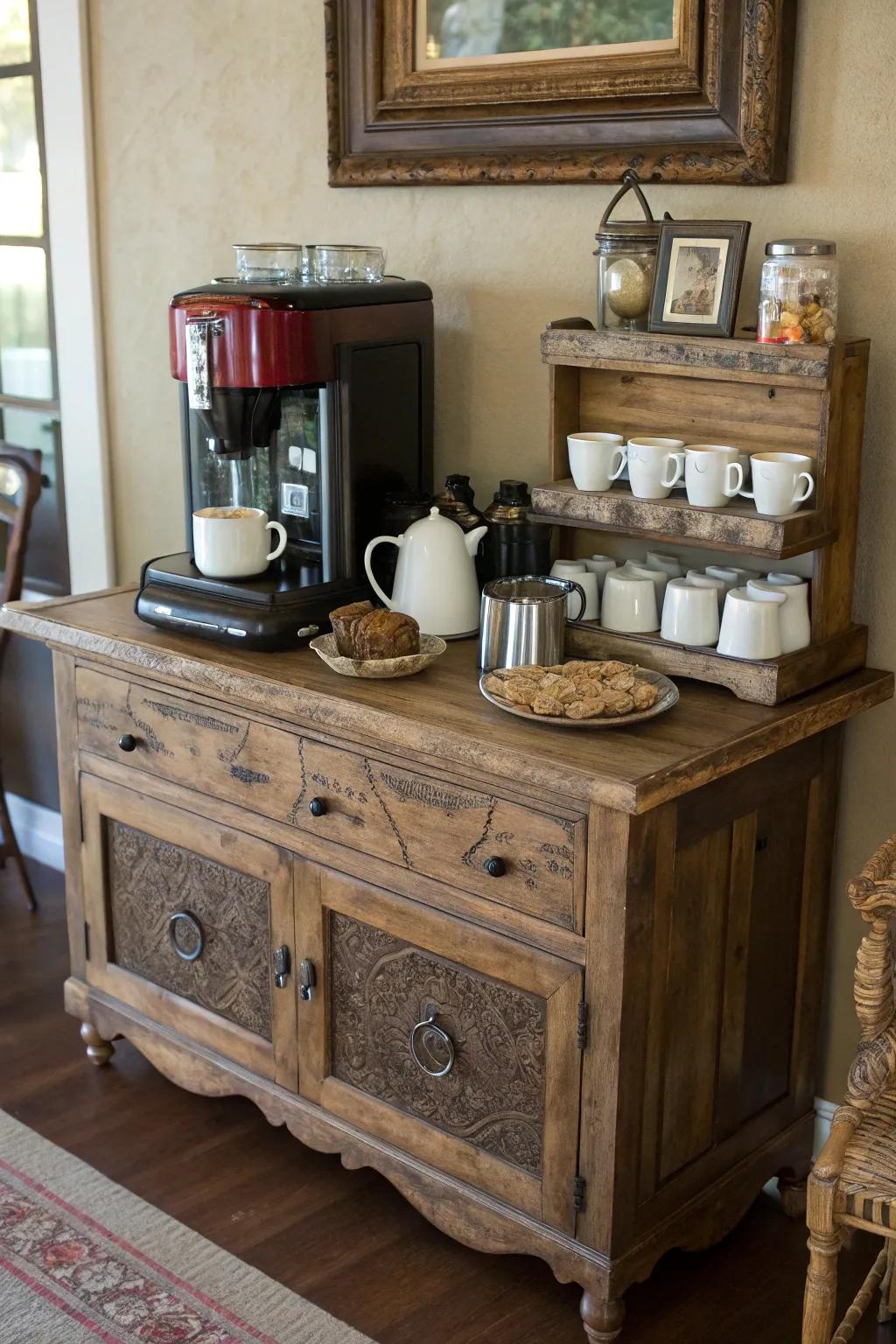 Vintage furniture adds charm and utility to your coffee bar.