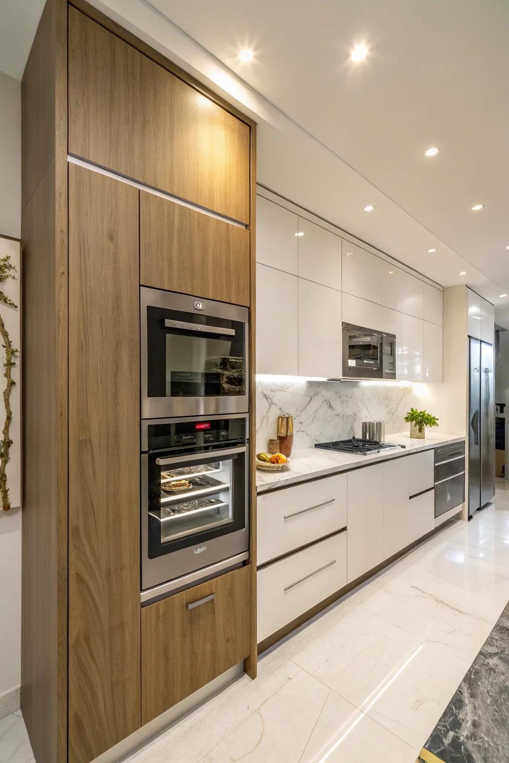 Integrated appliances create a streamlined and cohesive kitchen design.