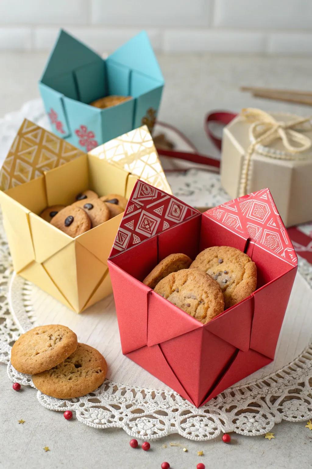 Origami-style boxes add an artistic touch to cookie packaging.