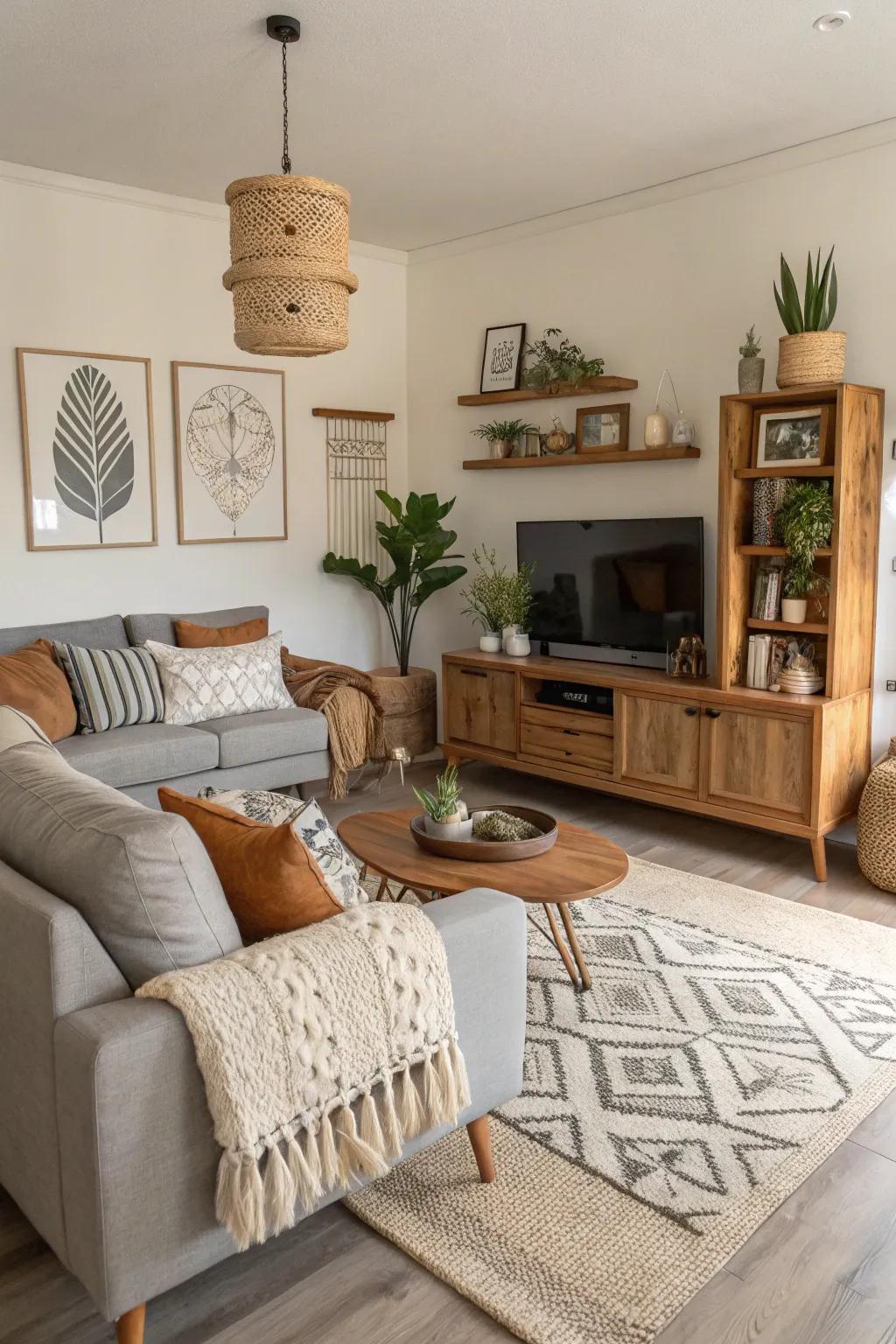 A harmonious blend of contemporary, rustic, and boho styles creates a unique living room.