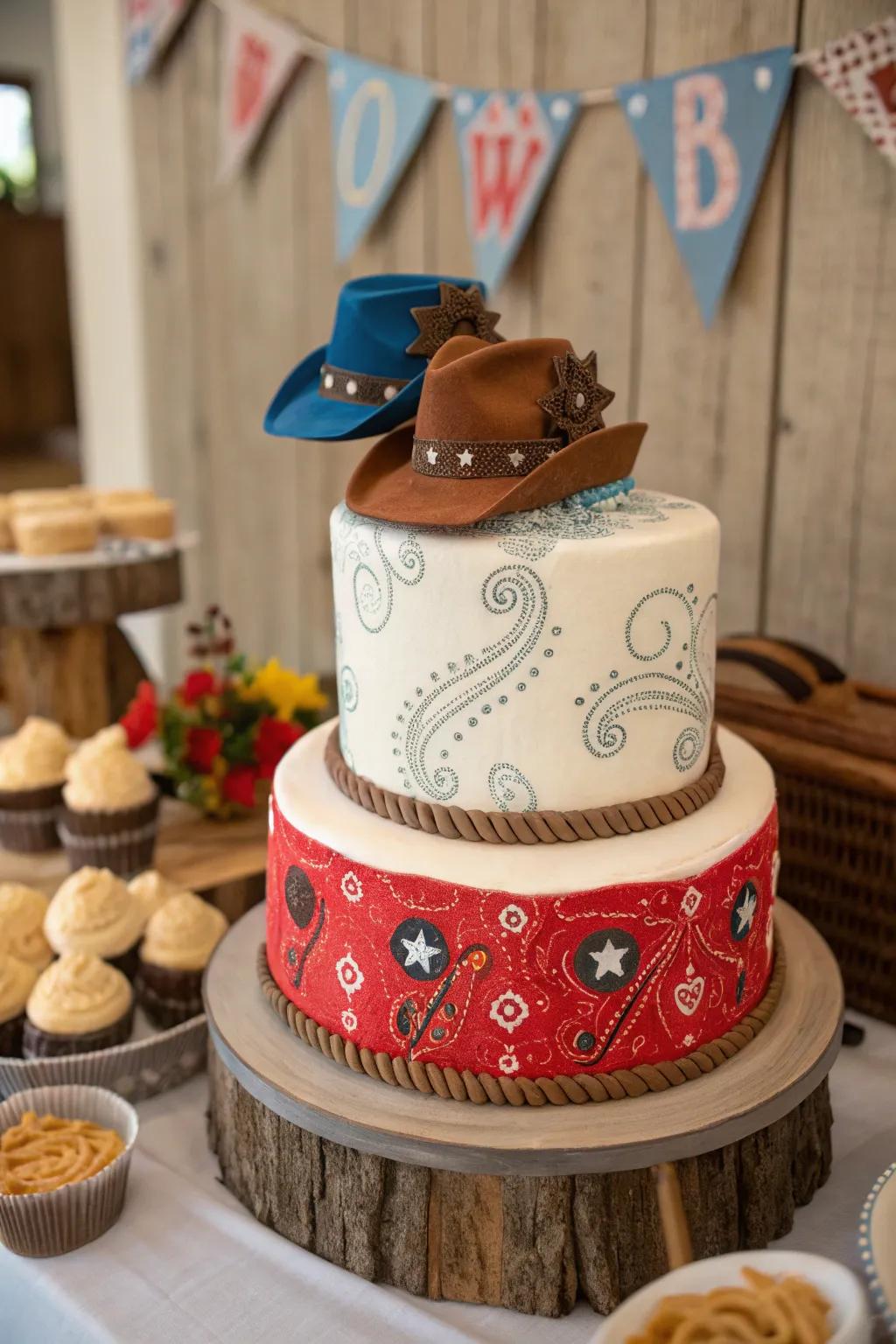 A bandana pattern adds a splash of color and classic cowgirl style to this cake.