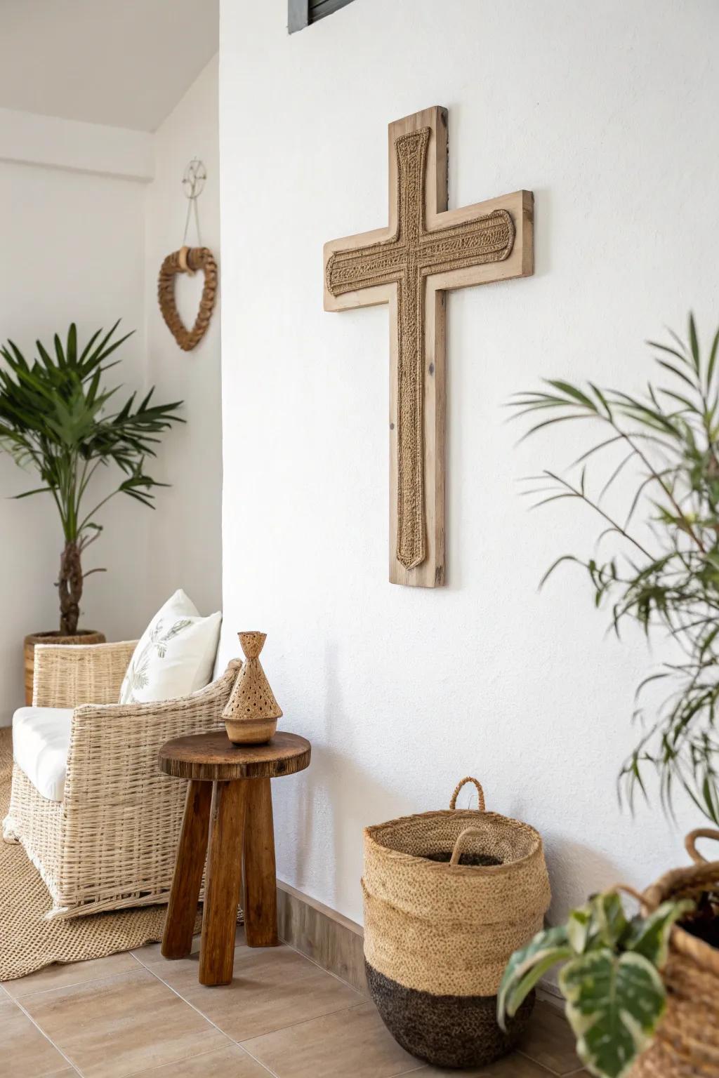 Minimalist cross wall decor in earthy tones.