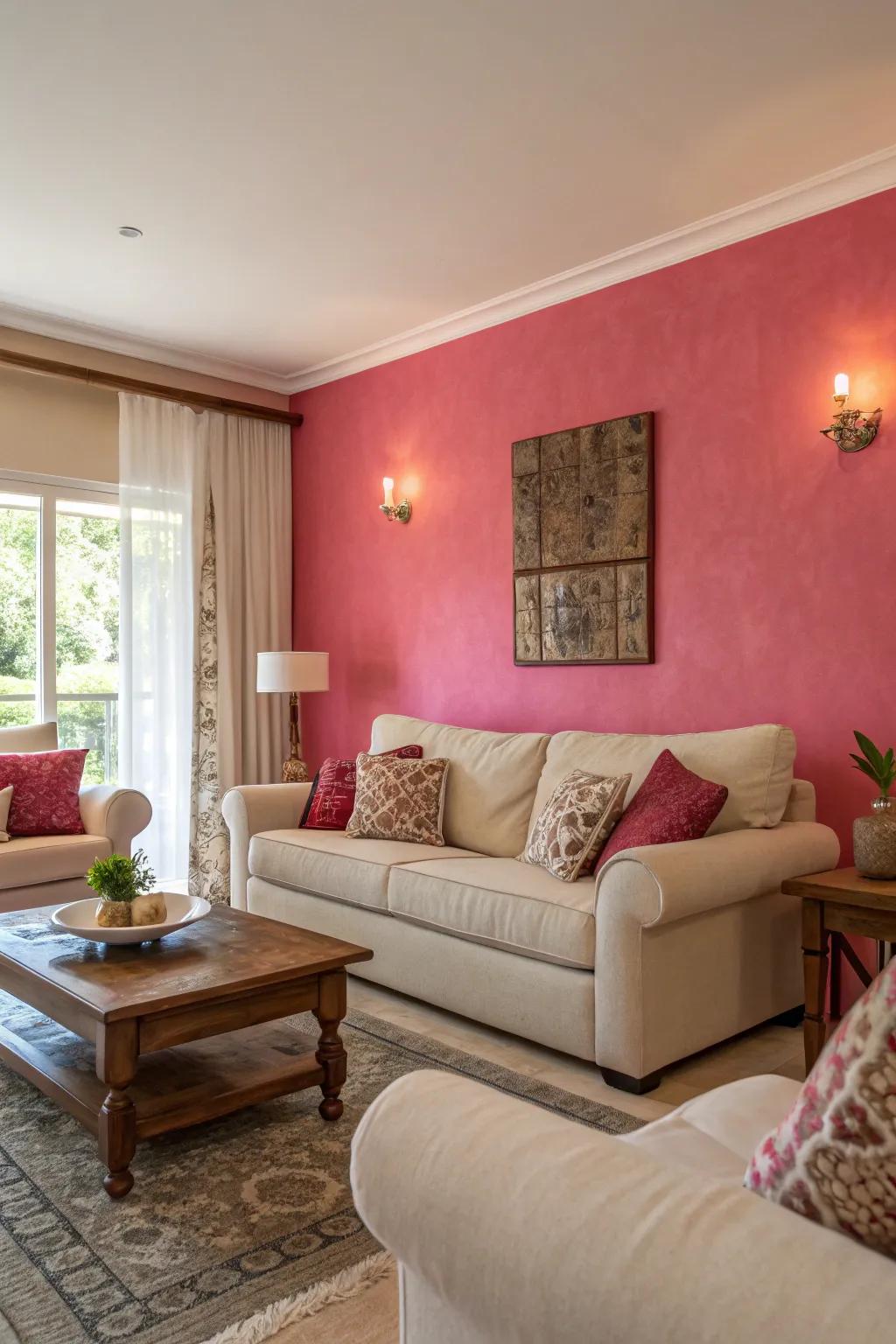 A pink feature wall acts as a striking focal point in the room.