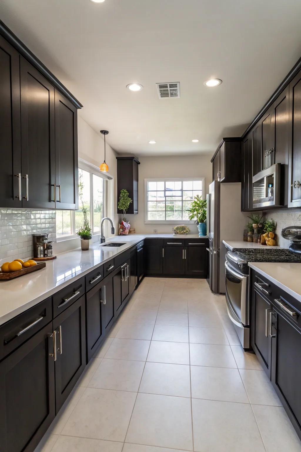 A functional layout maximizes the impact of dark kitchen cabinets.