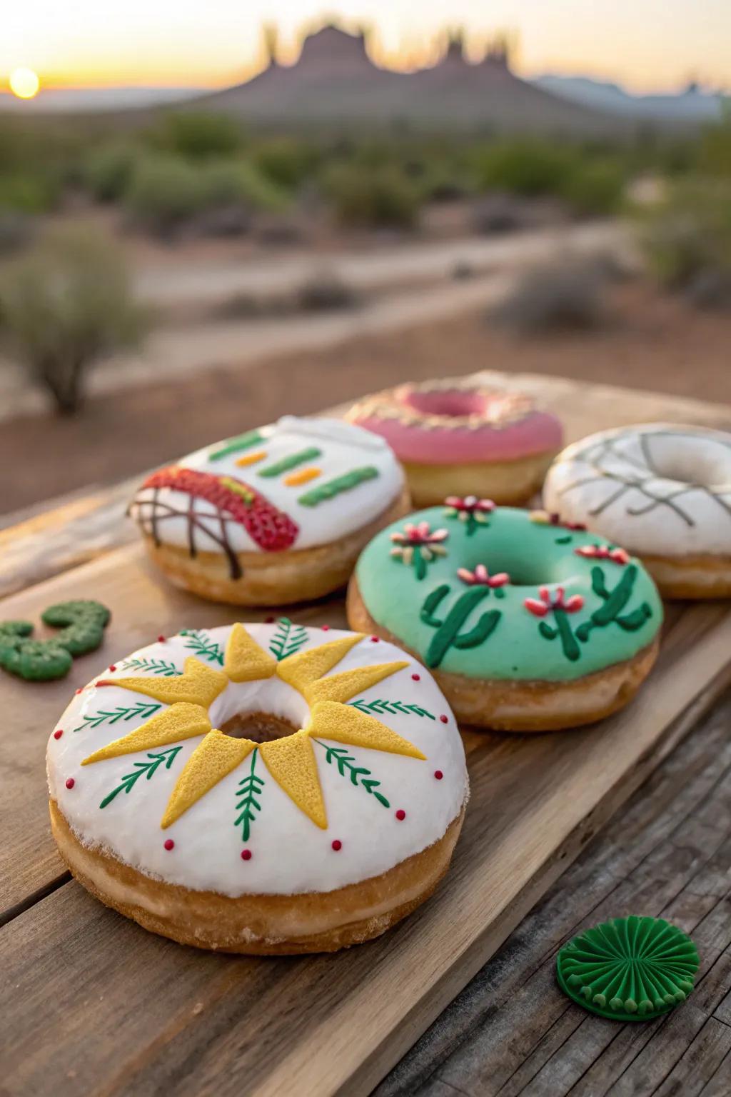 Donuts decorated with desert-themed designs such as sunbursts and cacti.