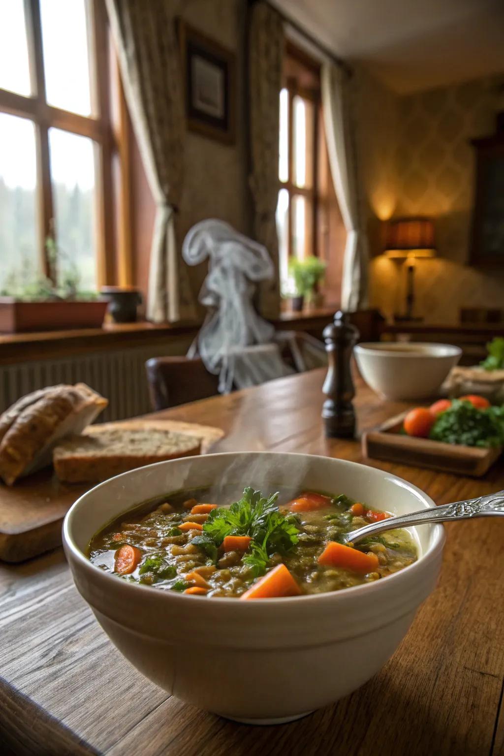 A steaming bowl of hearty lentil soup.