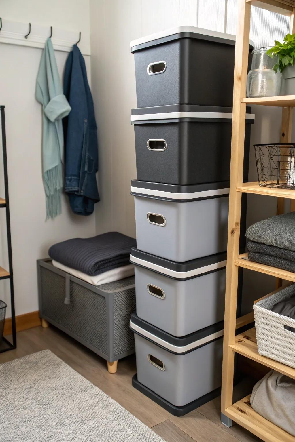 Stackable storage bins maximize vertical space in small living areas.