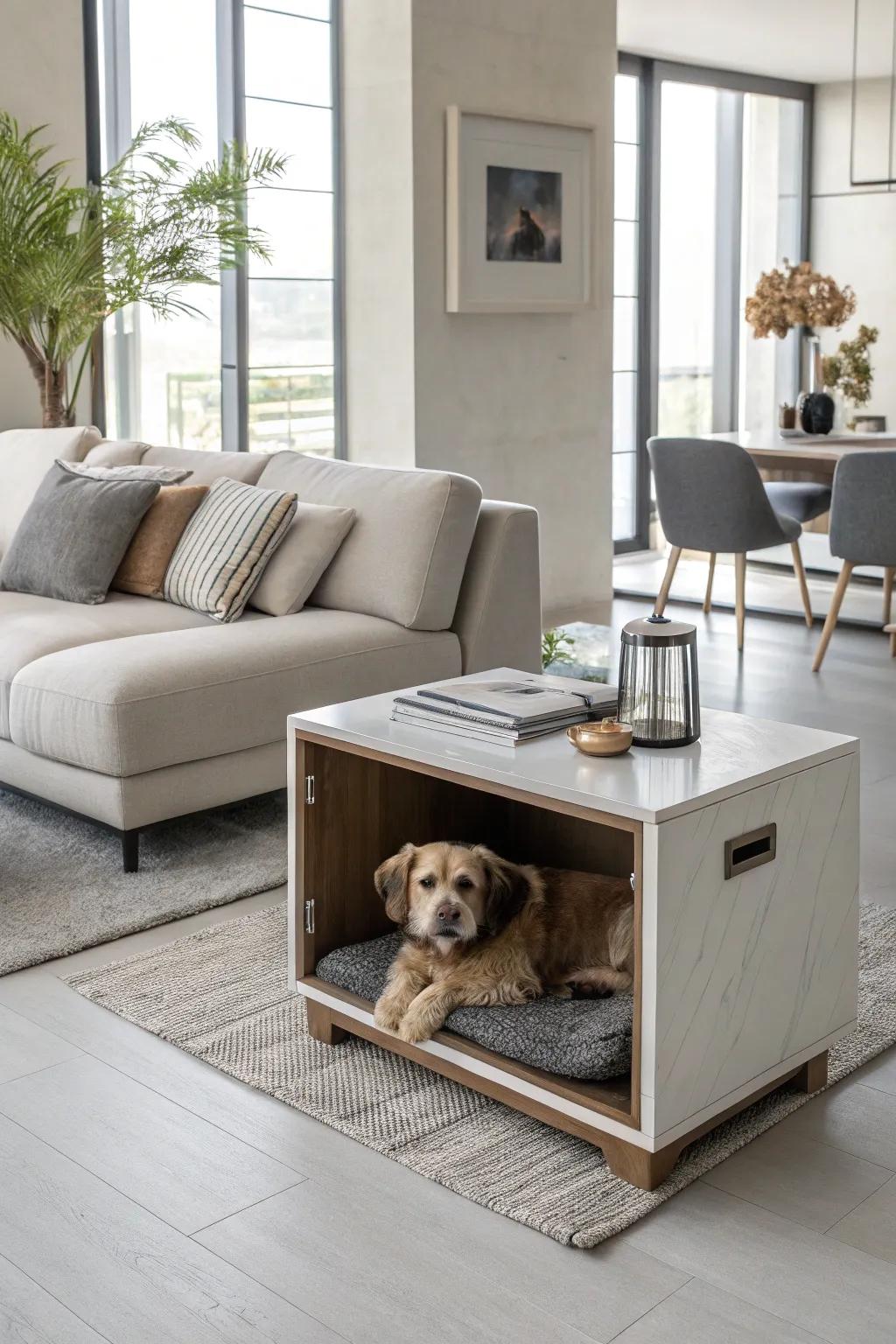 A modern living space with furnishings showcasing an integrated canine cubbyhole for panache and solace.