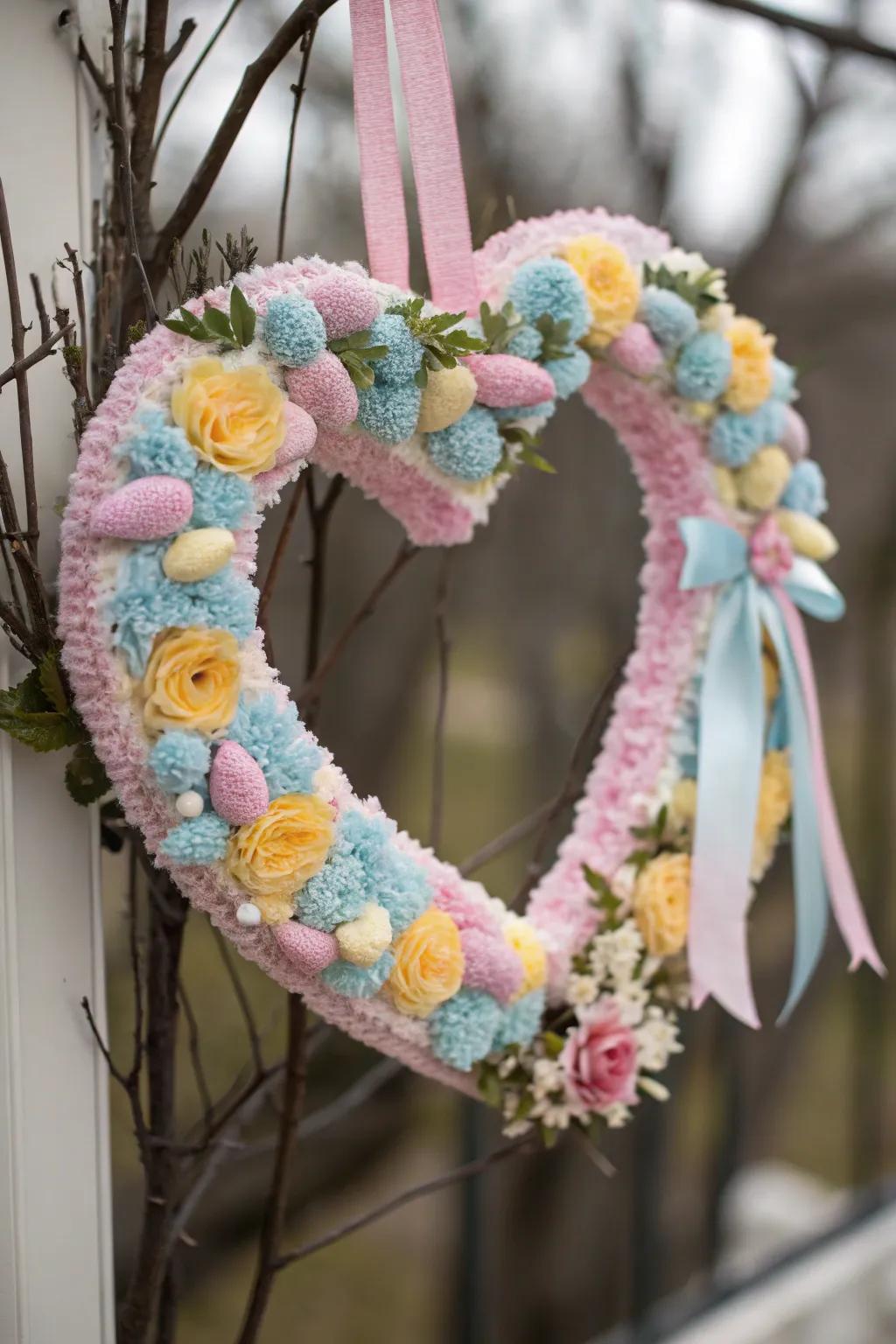 A unique Easter wreath with a rug hooked heart design, adding texture and charm.