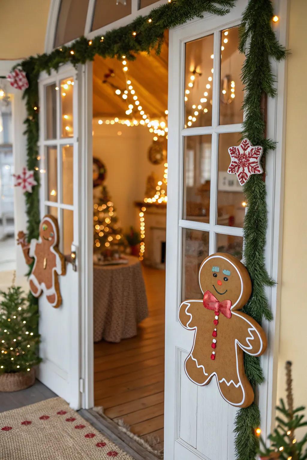 Gingerbread characters add a playful personality to the entrance.