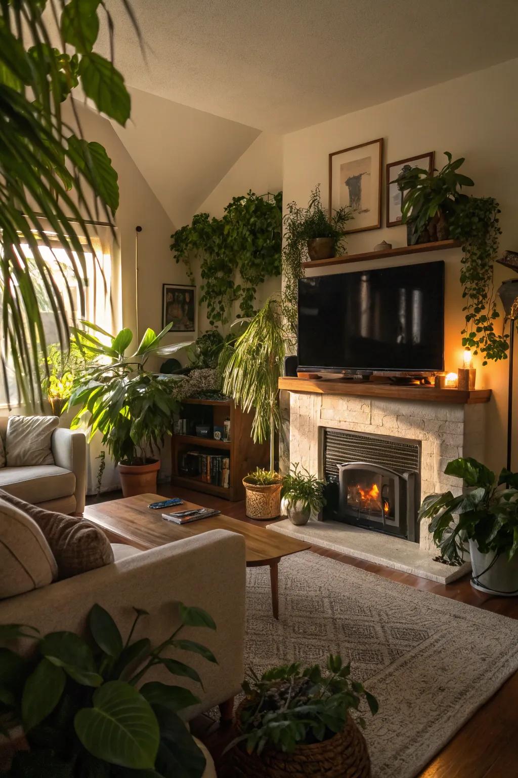 Natural elements like plants create a refreshing and organic feel.