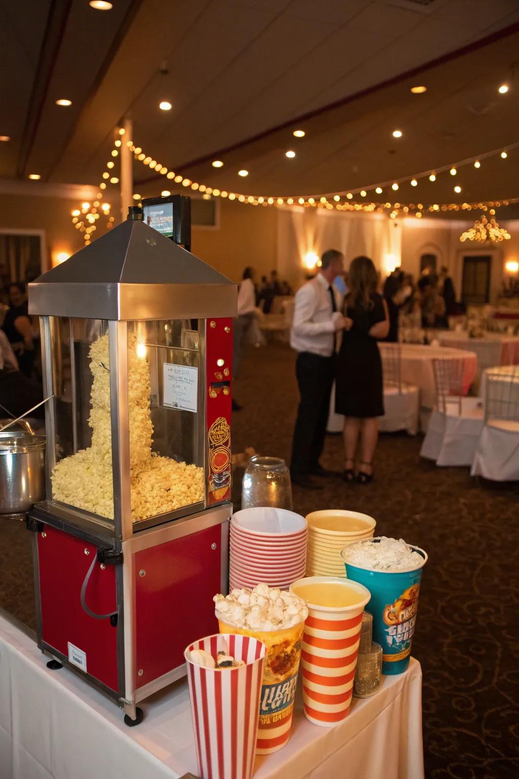 A late-night popcorn snack bar, set to re-energize guests during the wedding reception.