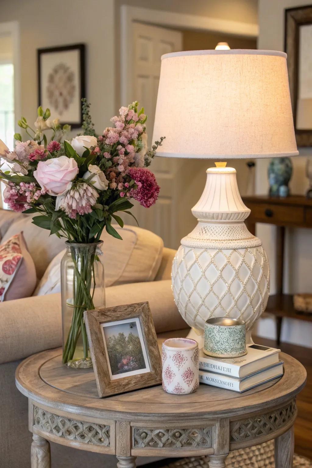 A cohesive color scheme ties the end table decor together.