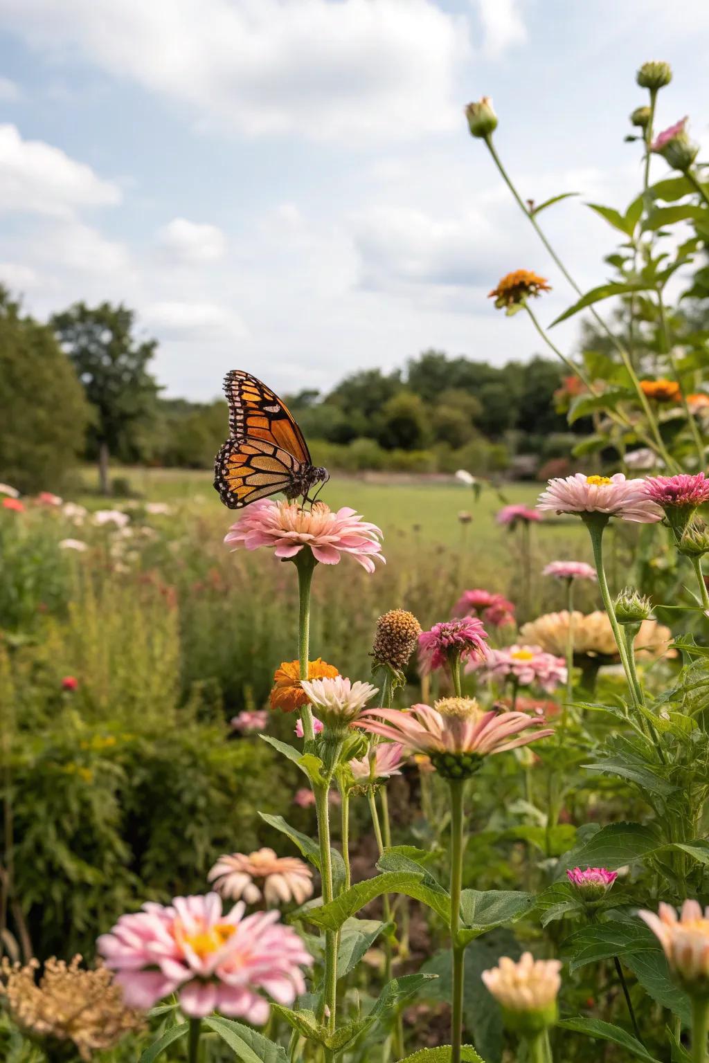 A garden alive with butterflies and buzzing bees.