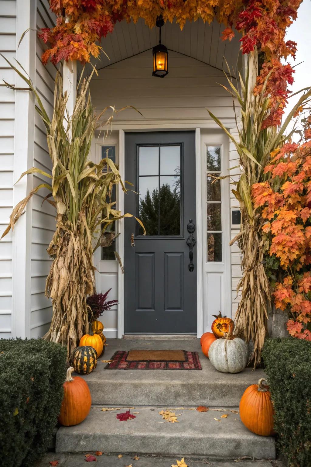 Corn sheaths add height and drama to an autumn-themed door.