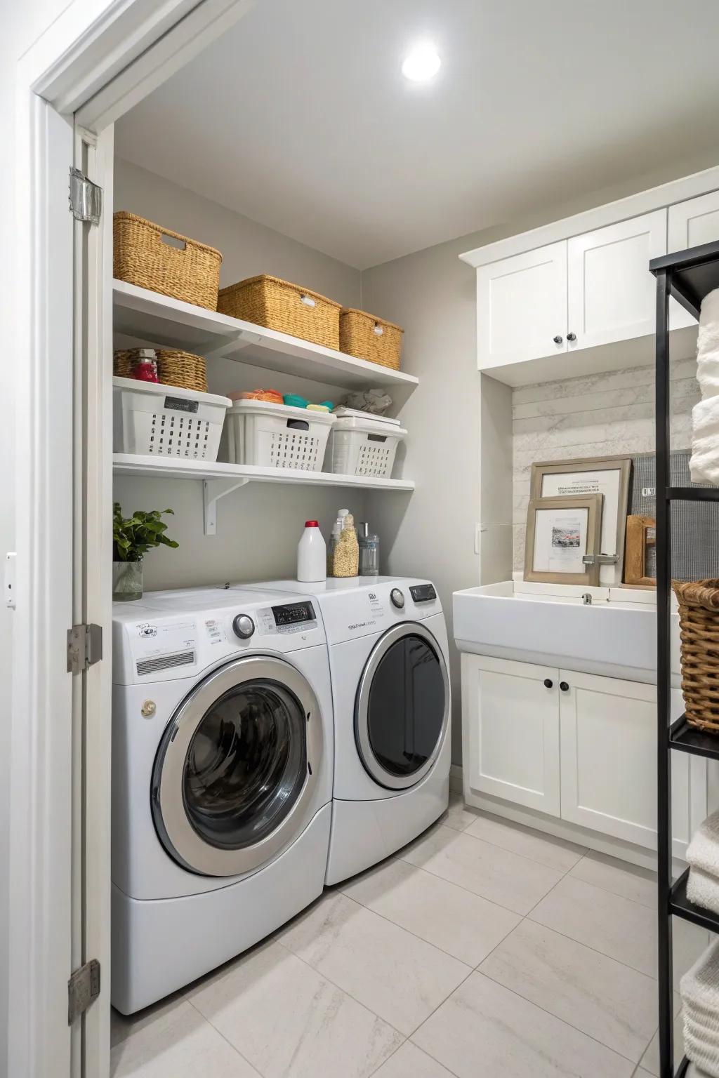 A functional layout with side-by-side appliances enhances efficiency in this laundry room.