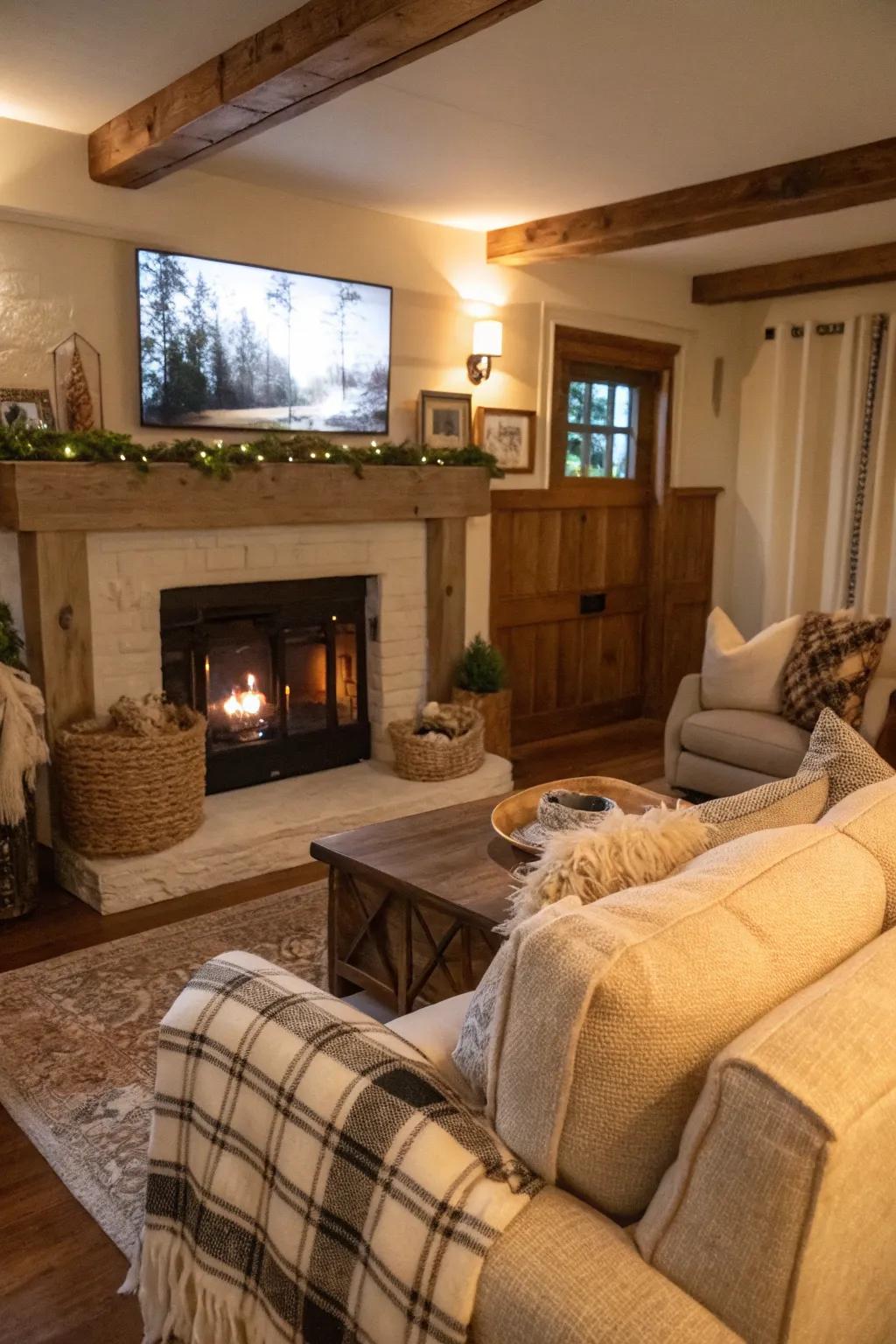 A welcoming farmhouse living room with a TV above the mantel, accented by cozy textiles.