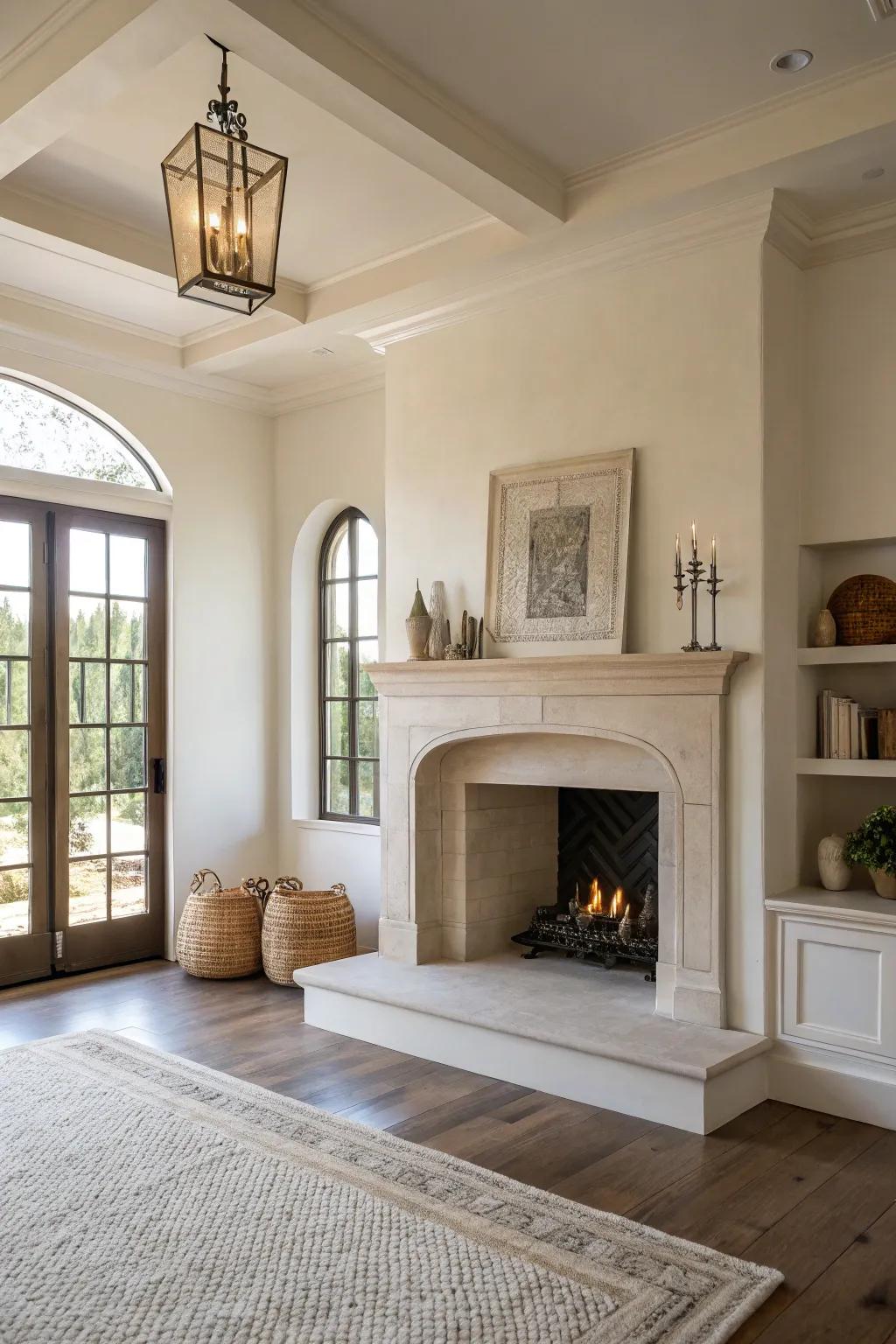 A minimalist living room emphasizing the fireside alcove's structural elegance.