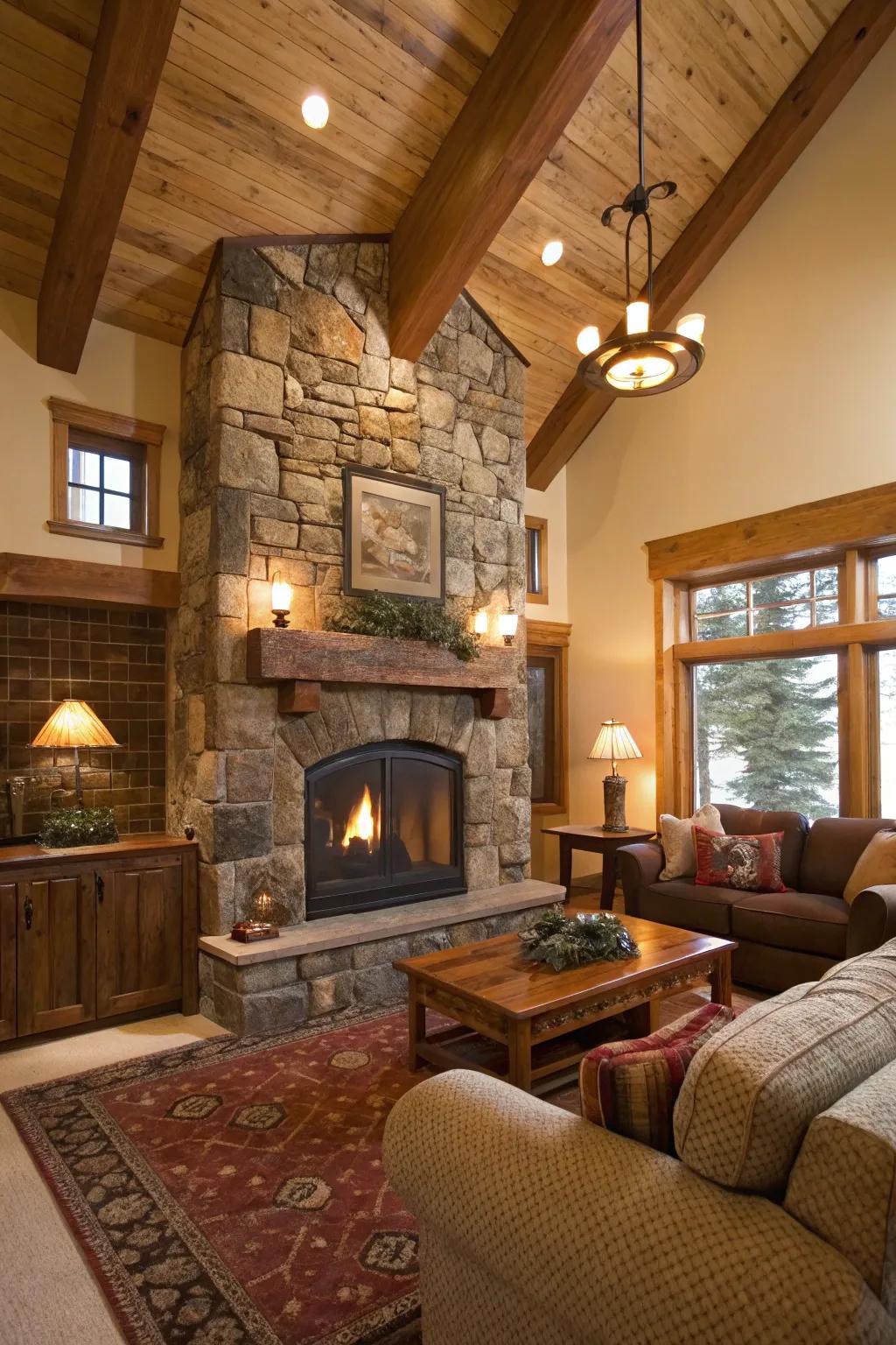 A rustic living space with a central fireplace highlighting natural wood and stone elements.