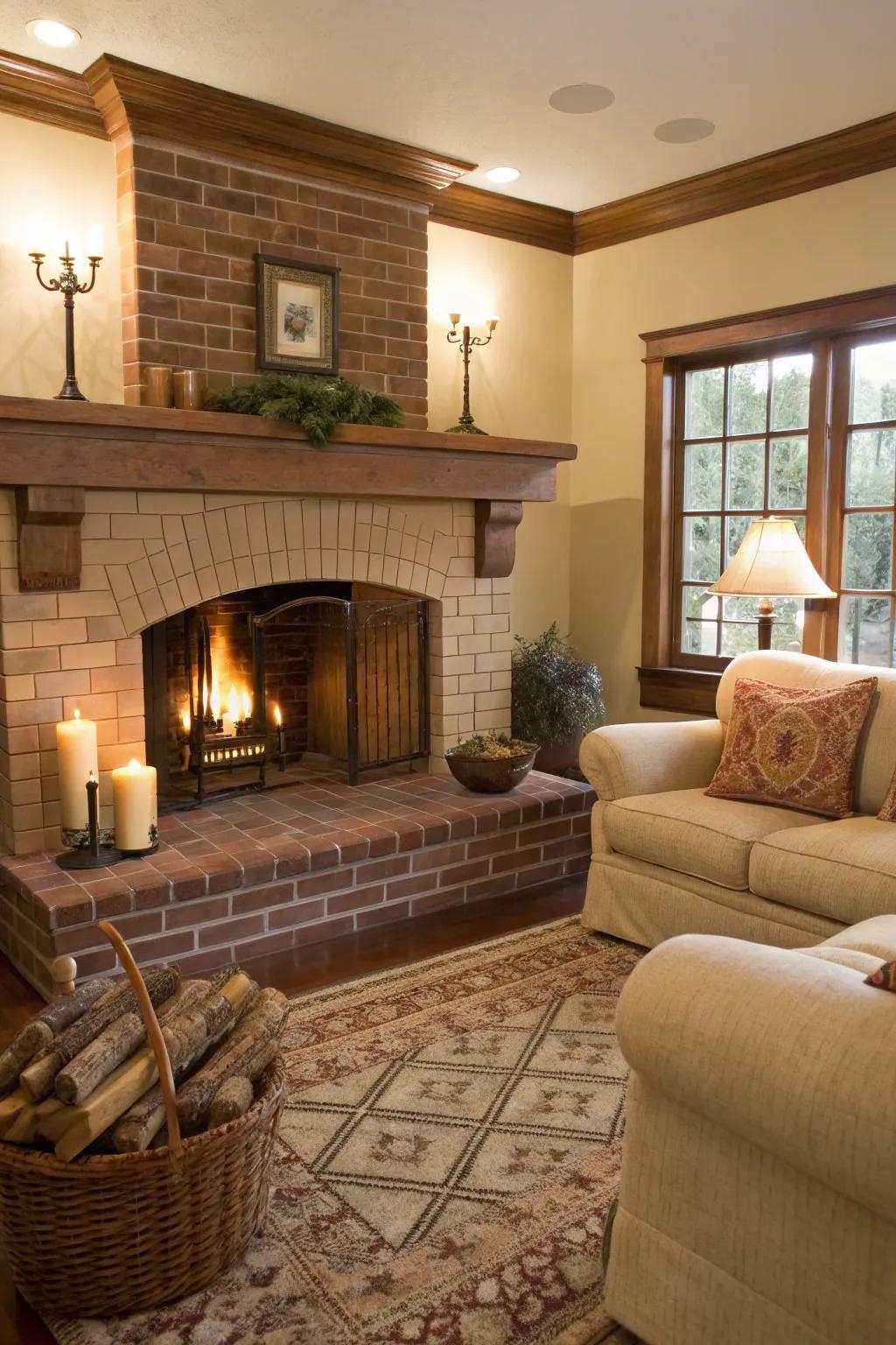 Brick tiles bring warmth and timeless charm to this fireplace.