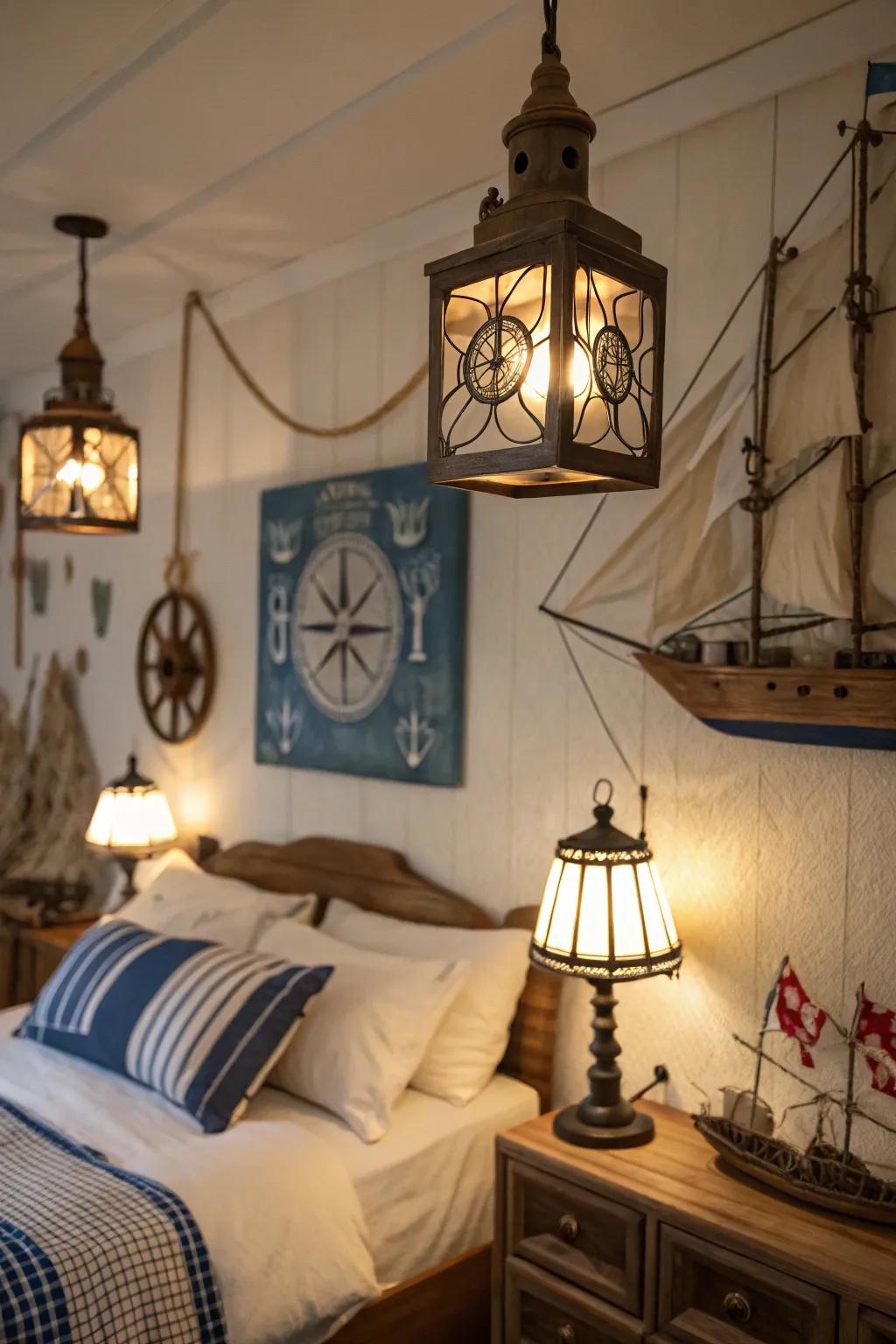 The room's maritime theme is enhanced by lantern-style lighting.