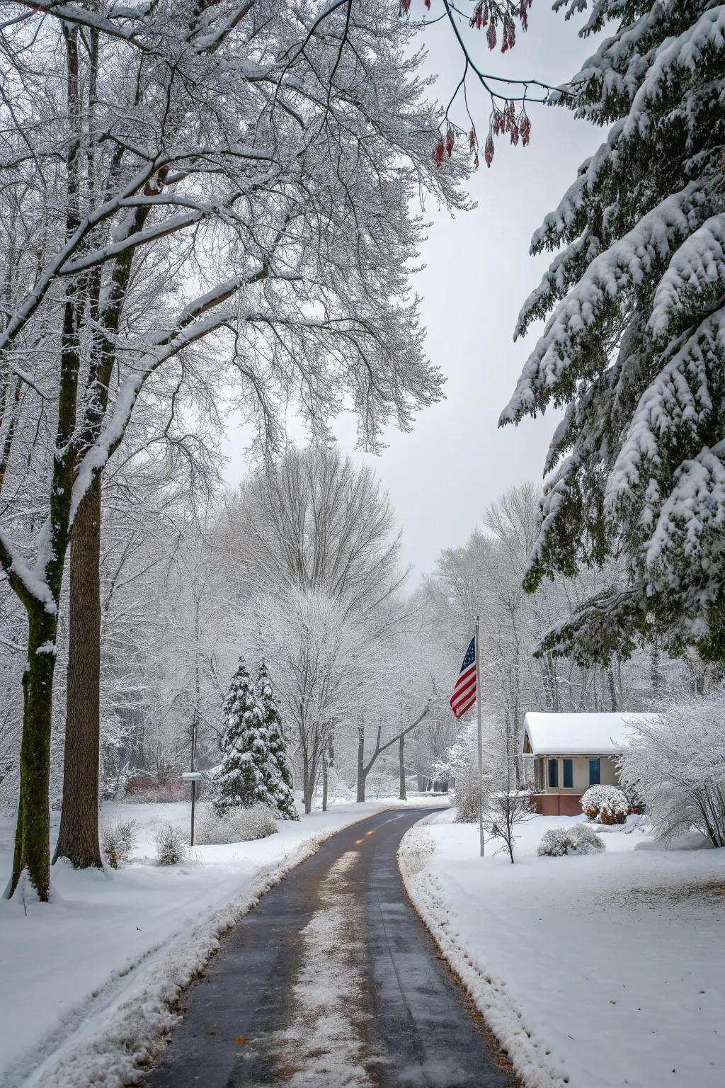 A rear lot access in winter, featuring snow-blanketed trees shaping a clear route.