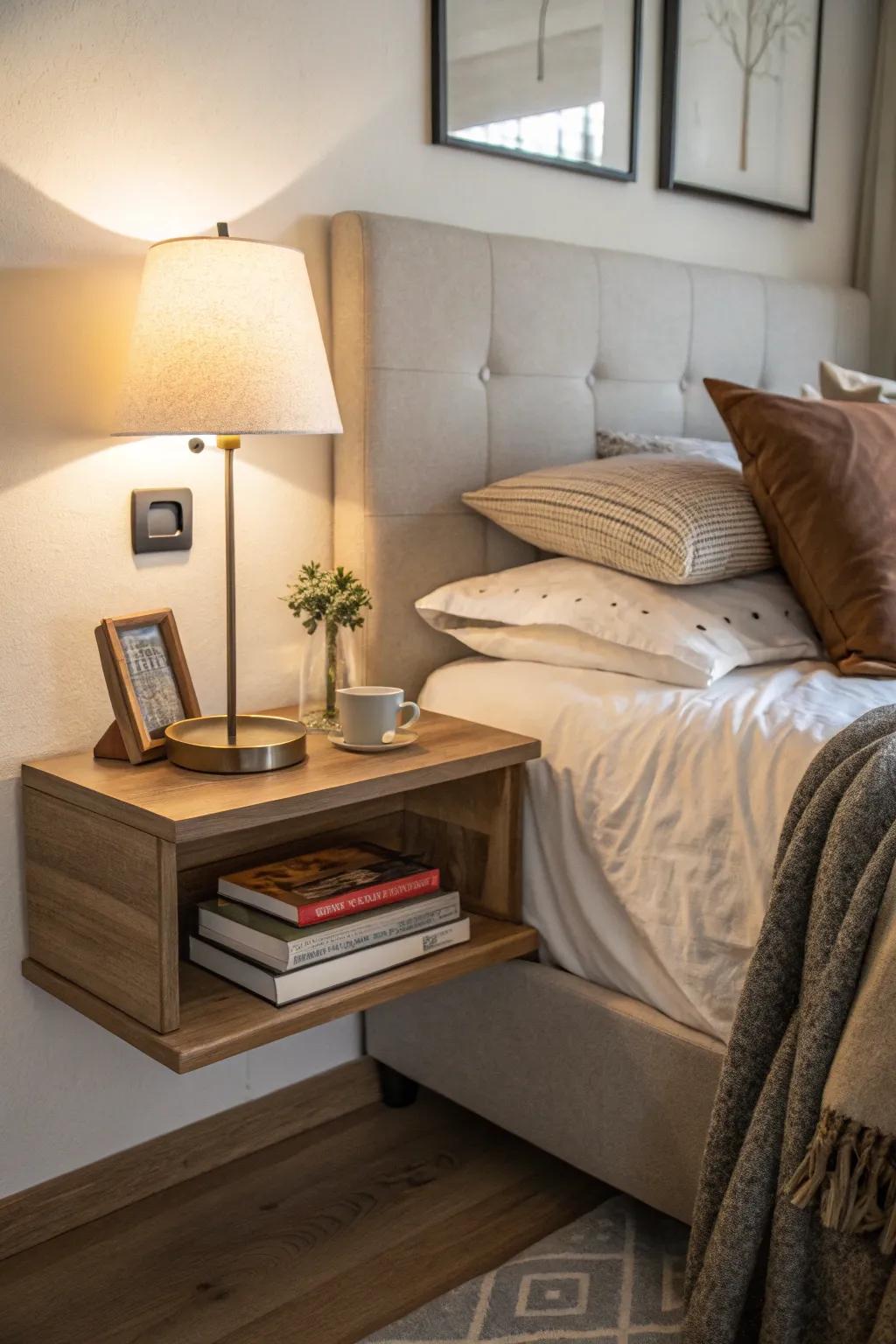 Floating shelf as a charming bedside table in the bedroom.