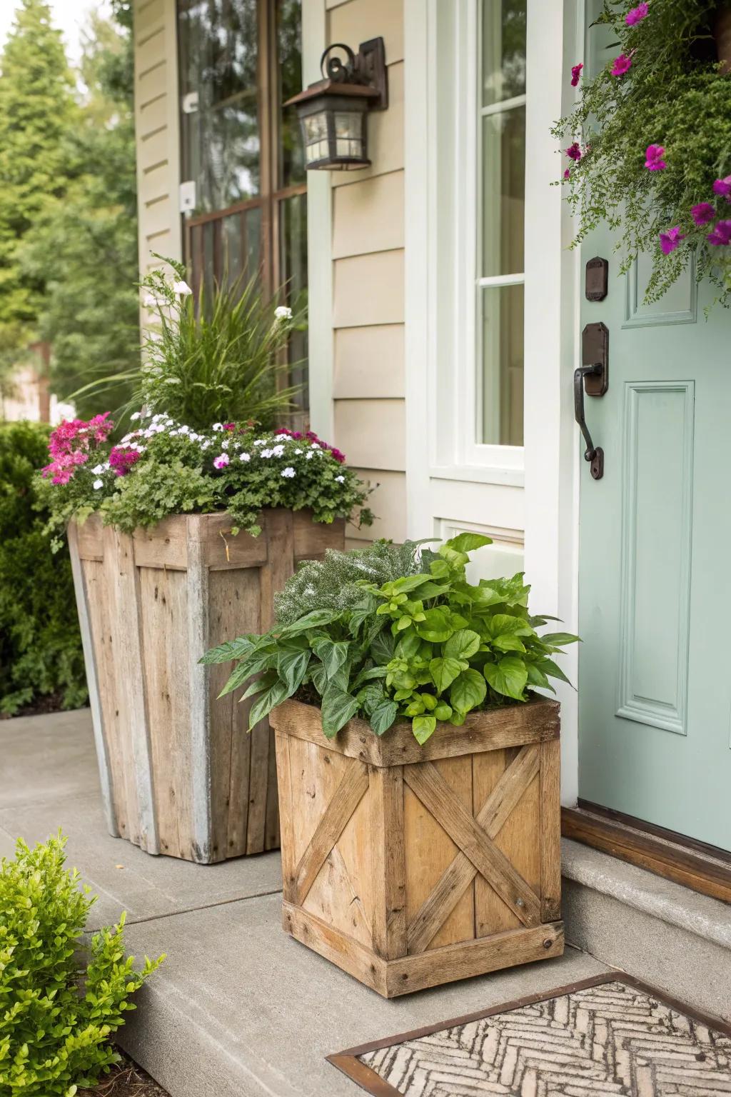 Add warmth with rustic wooden planters.